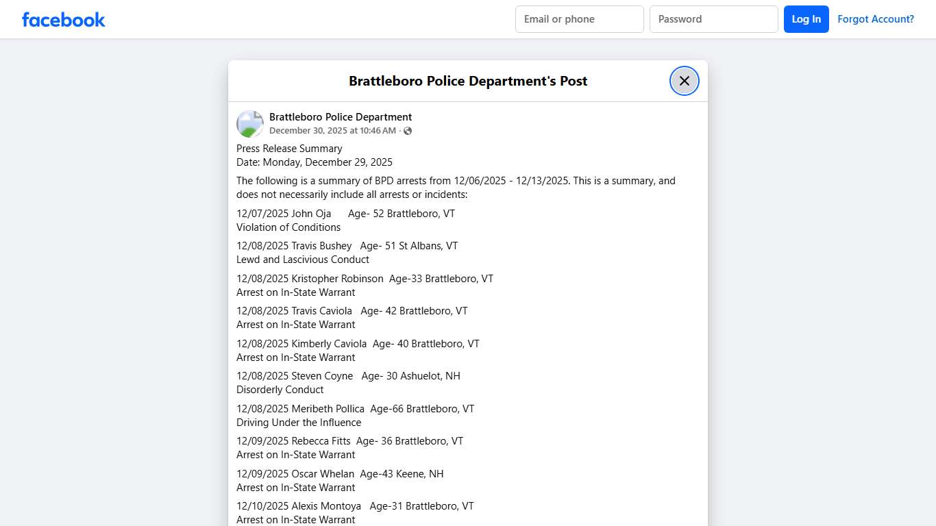 Press Release Summary... - Brattleboro Police Department | Facebook