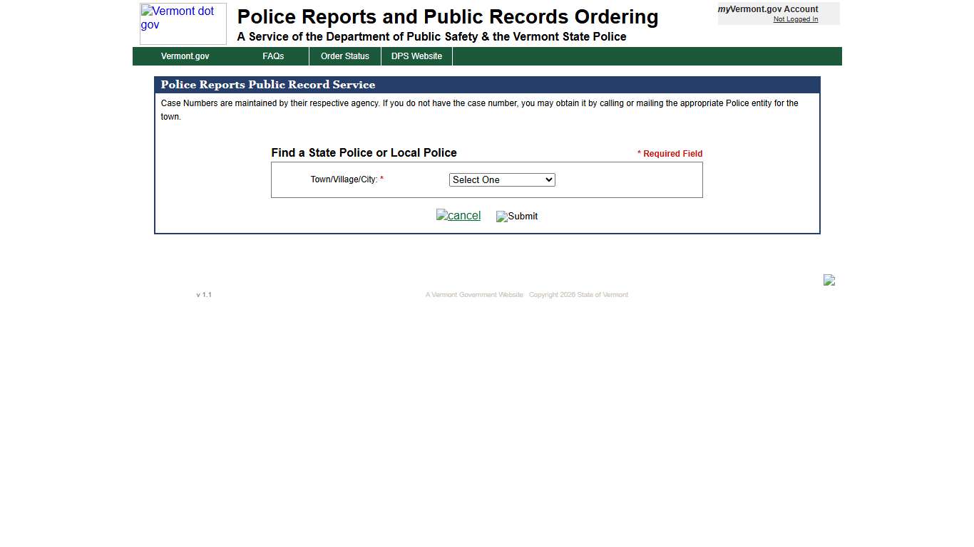 Vermont Department of Public Safety Police Reports Request Service
