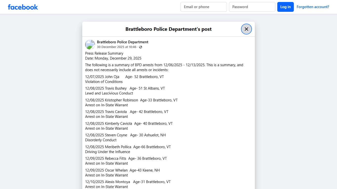 Press Release Summary... - Brattleboro Police Department | Facebook